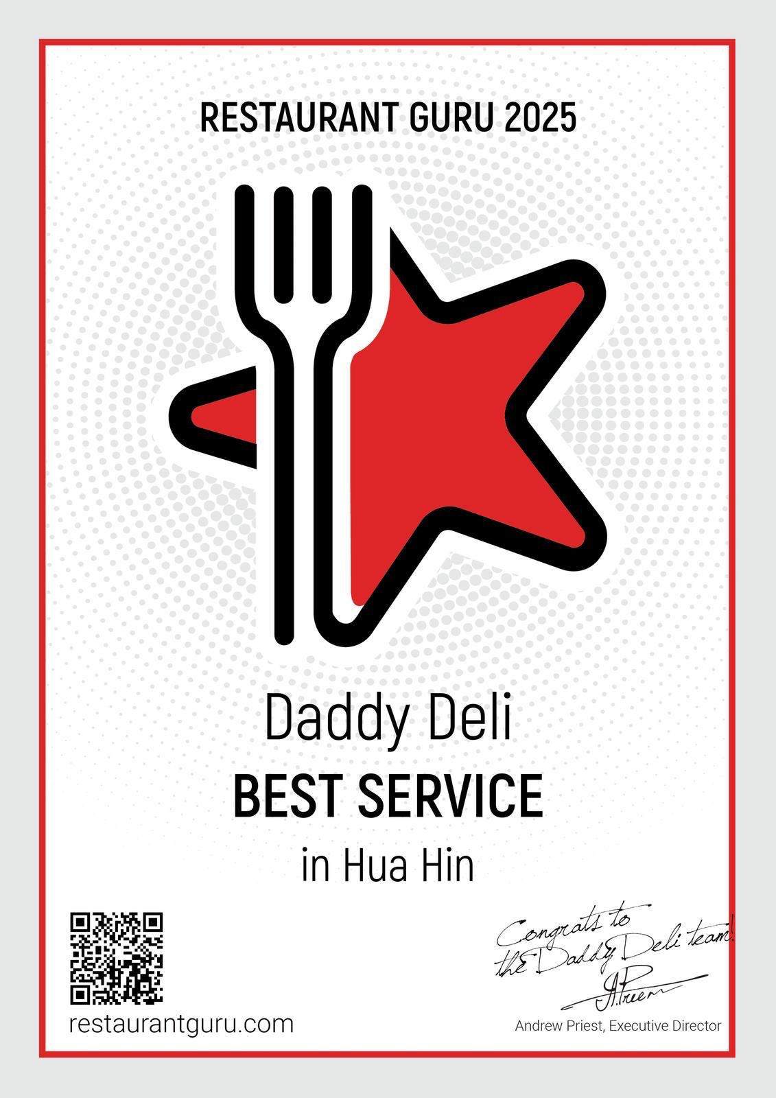 Restaurant Guru 2025, Daddy Deli, Best Service in Hua Hin